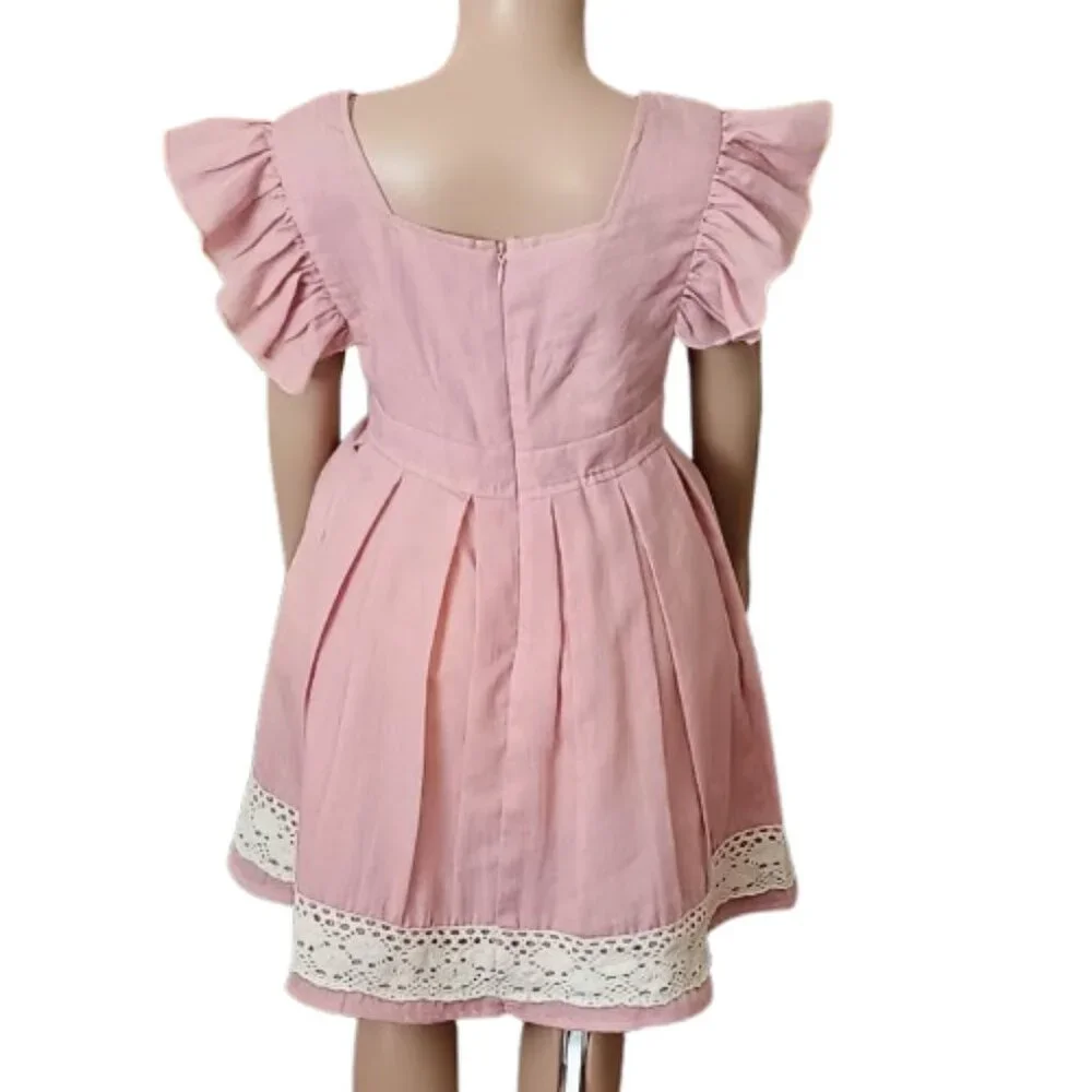 Girls Dusty Pink Pinafore Dress 5-6T Pleated Flare Lace Trim Flutter Sleeves